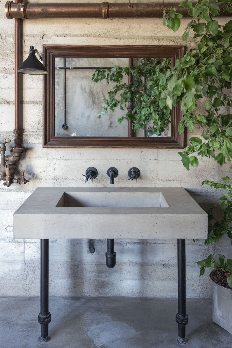 Bathroom with concrete sink and metal fittings