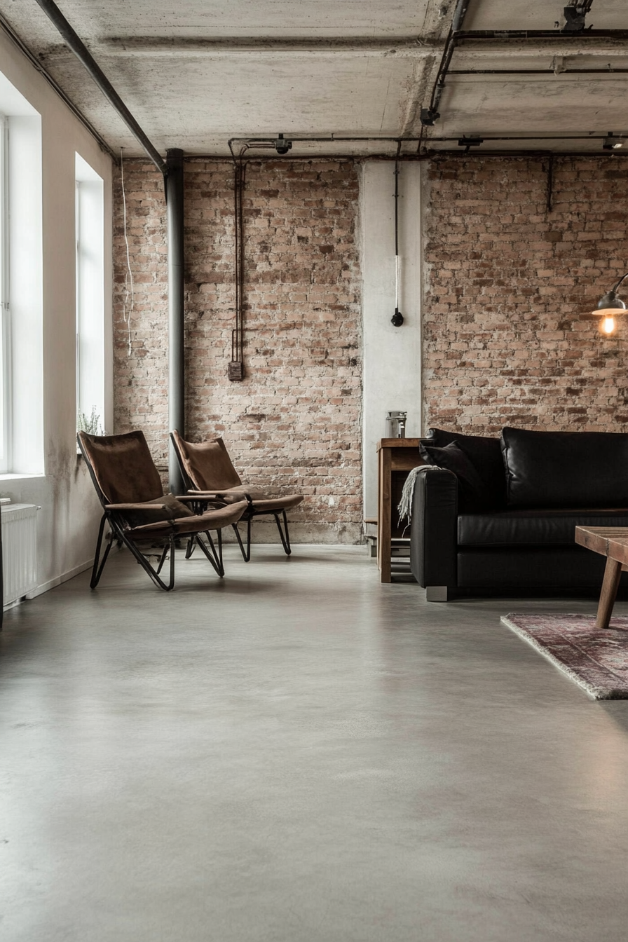 Living room with concrete floor and industrial furniture