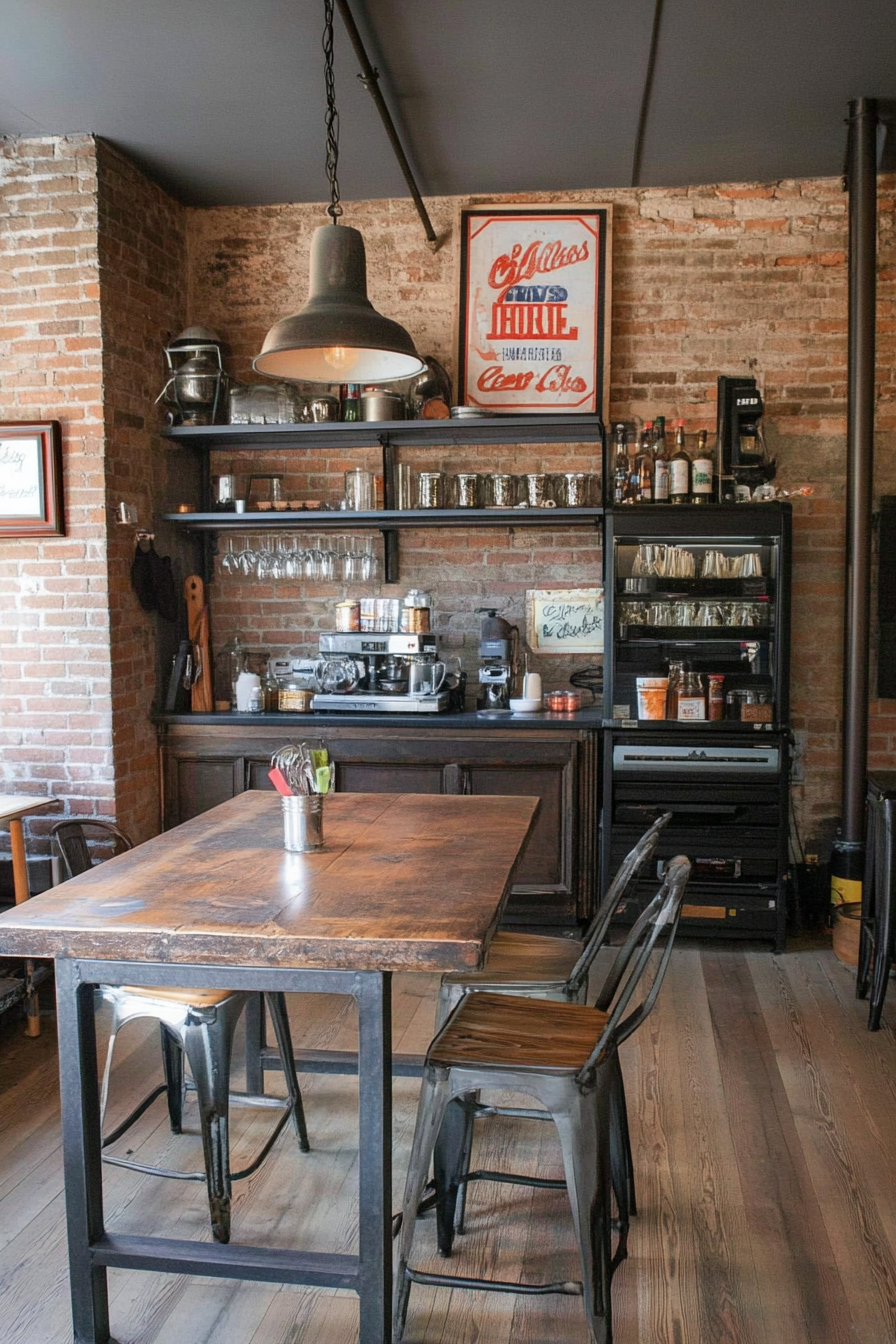 Living room with vintage signs and factory lamps