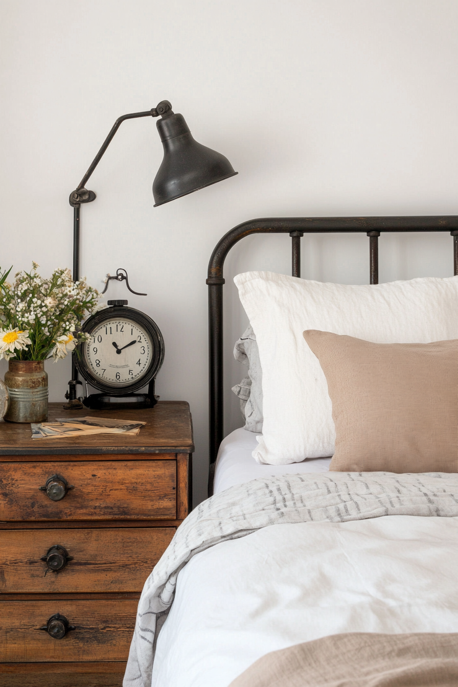 Bedroom with vintage industrial lamps and alarm clocks