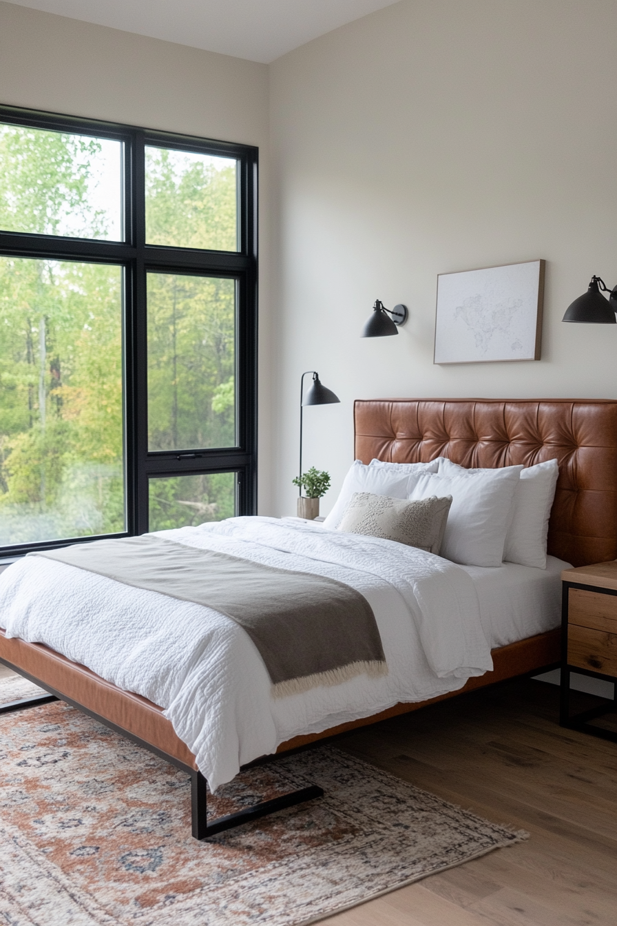 Bedroom with leather headboard and furniture with leather accents