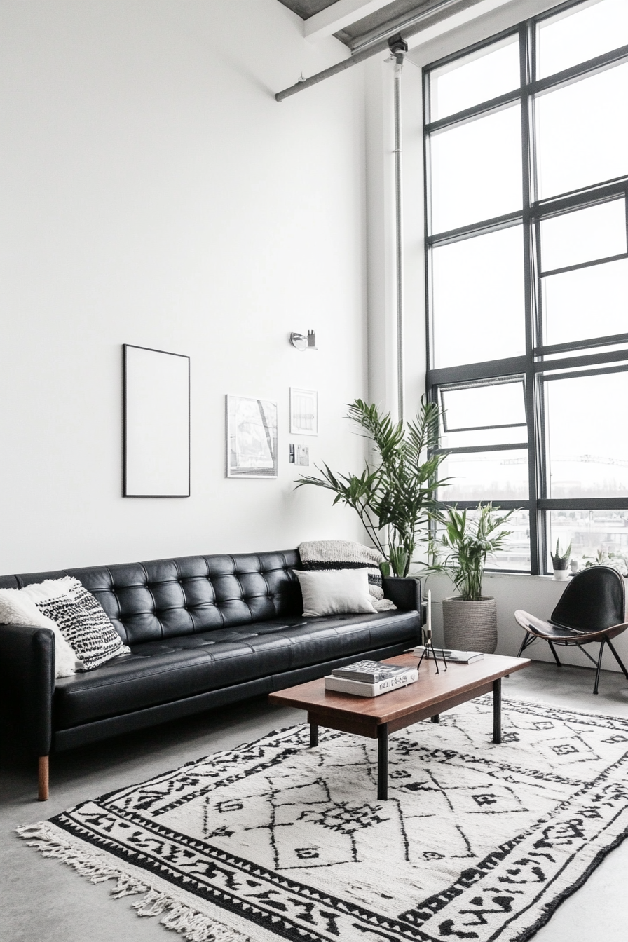 Living room with black leather sofa and <a href=