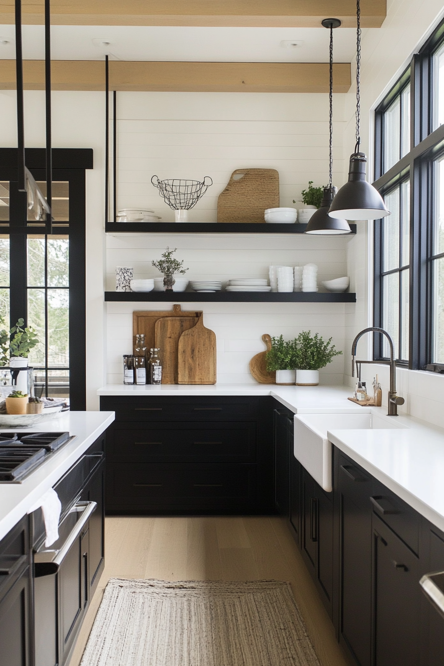 Kitchen with black cabinets and white countertops