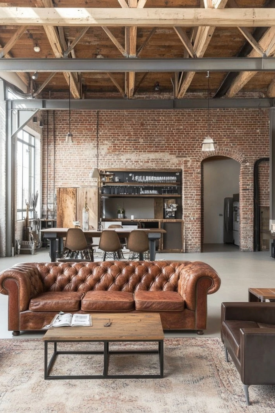 Living room with leather sofas and armchairs