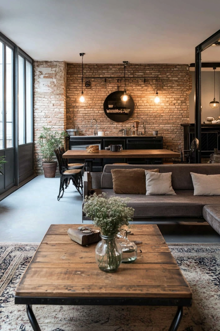 Living room with industrial-style carpet and metal and wooden furniture