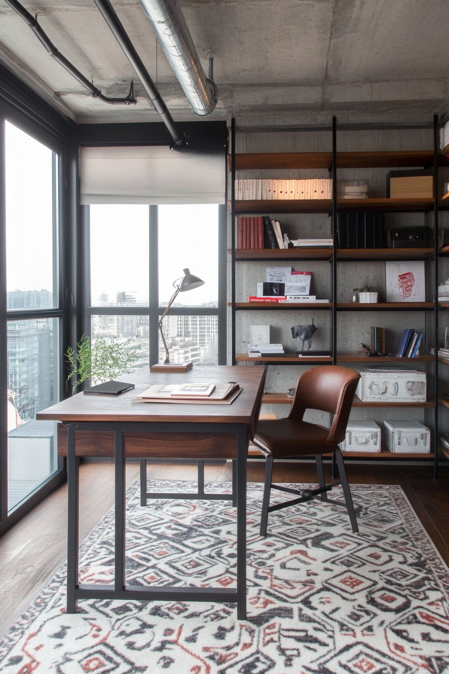 Home office with industrial style carpet and metal desk