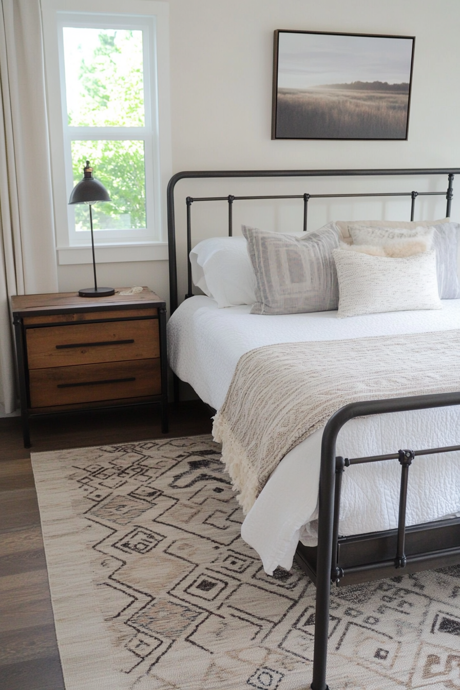 Bedroom with industrial-style carpet and metal bed frames