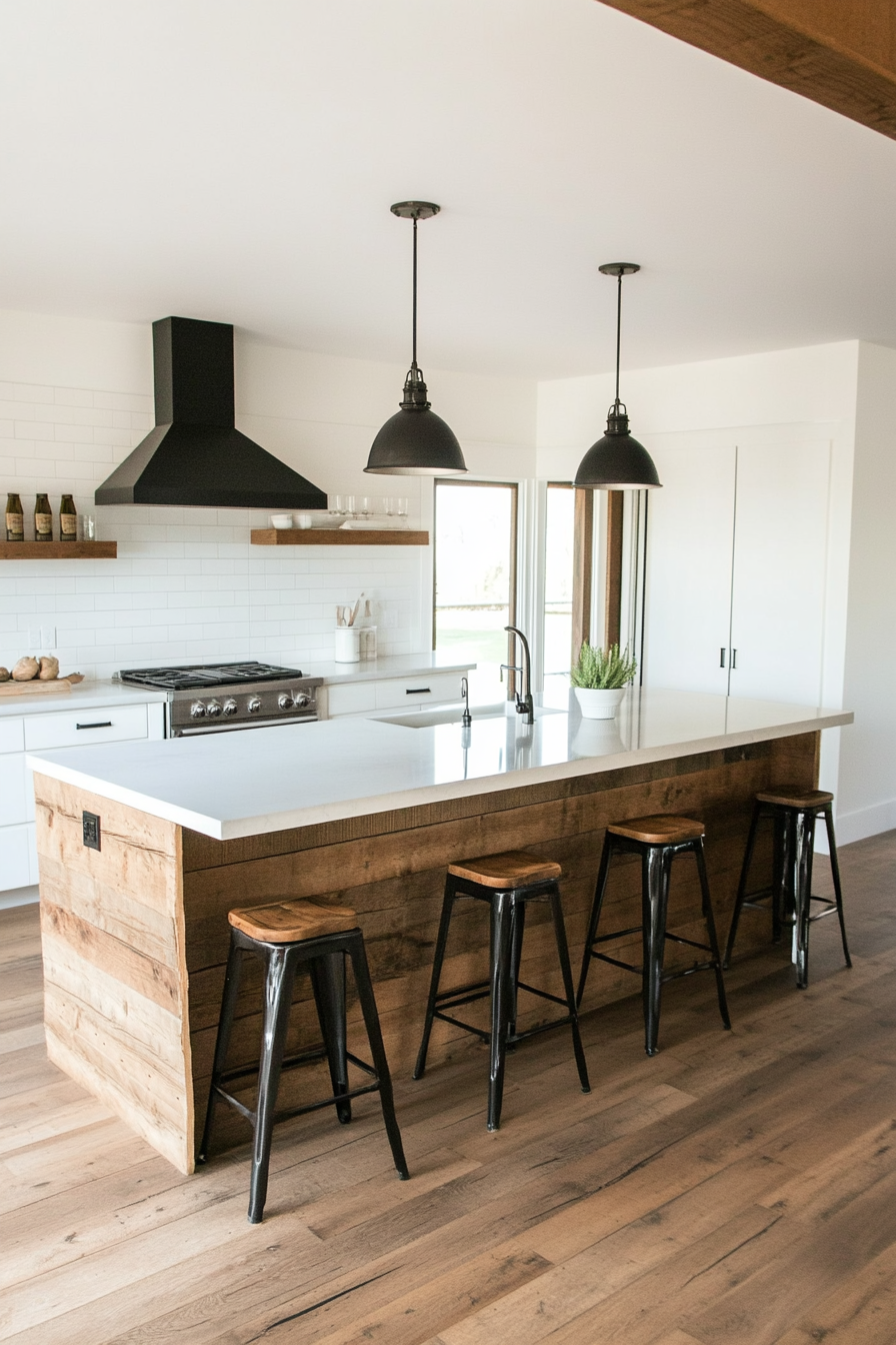 Open kitchen with industrial style bar stools