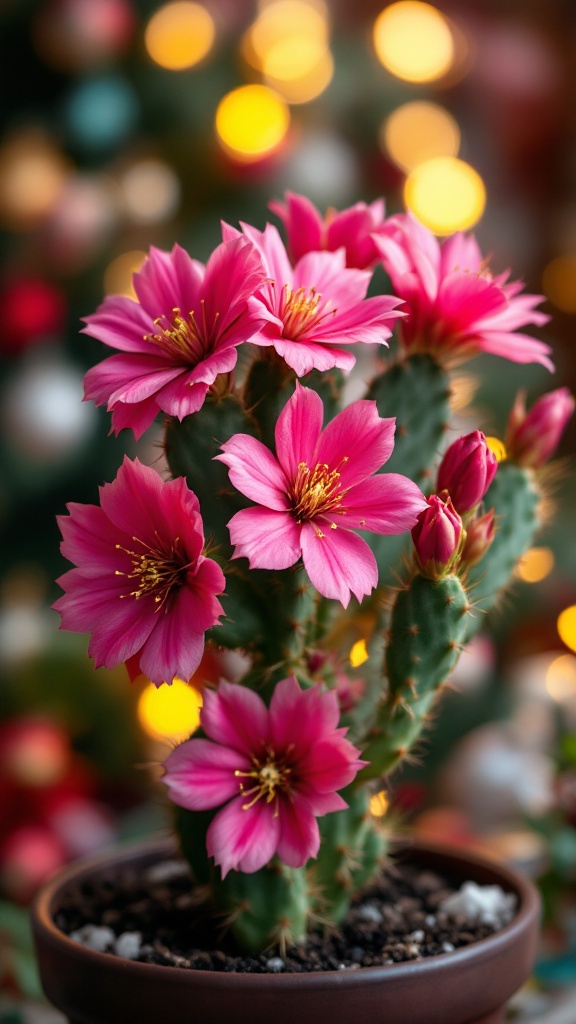 A bright pink Christmas cactus with flowers in a pot, against a blurred background of Christmas lights.