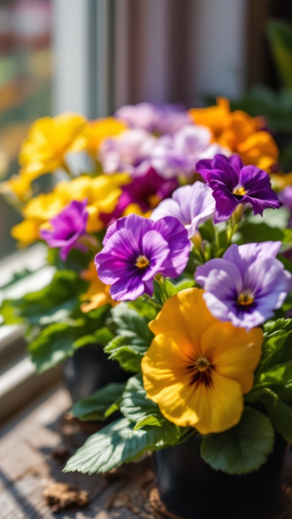 Colorful African violets in pots with purple, yellow and white flowers.