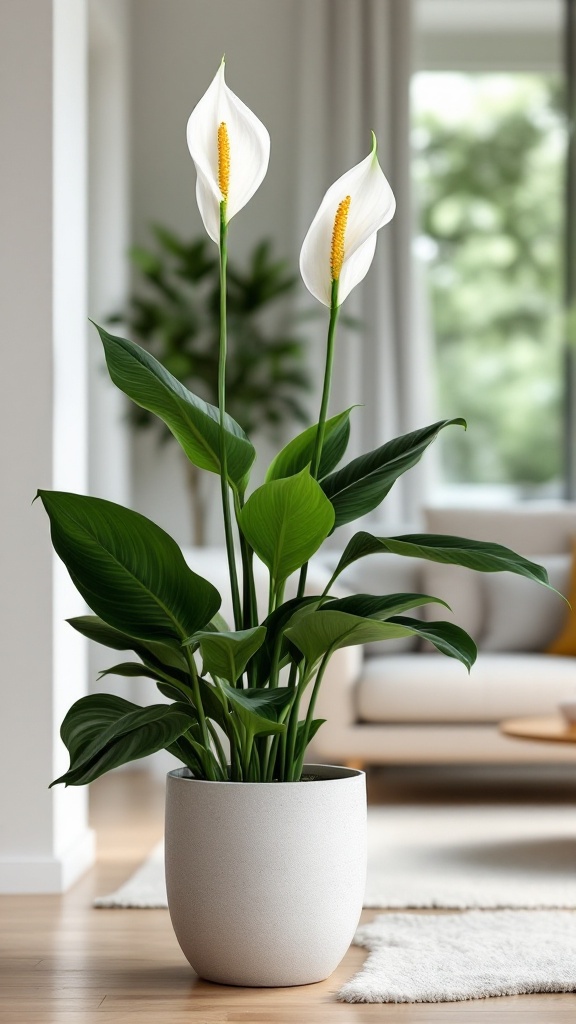 A peace lily with white flowers and green leaves in a modern pot.