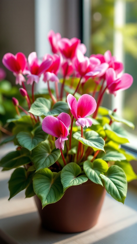 A pot of bright pink cyclamen flowers and lush green leaves.