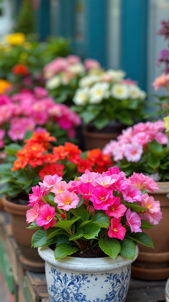 Colorful begonias in various pots with bright pink, orange and yellow flowers.