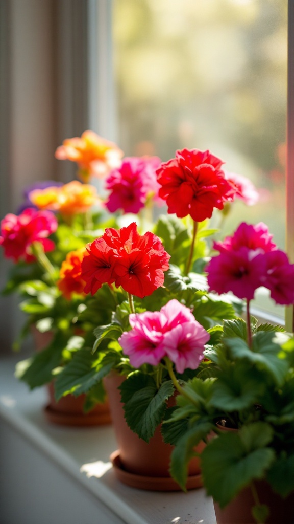 Colorful geraniums in pots on a windowsill