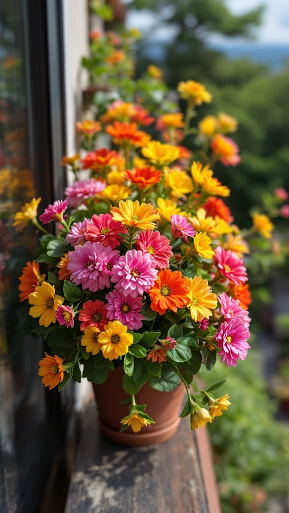 A vibrant pot of Kalanchoe flowers with pink, orange and yellow blooms on a windowsill.