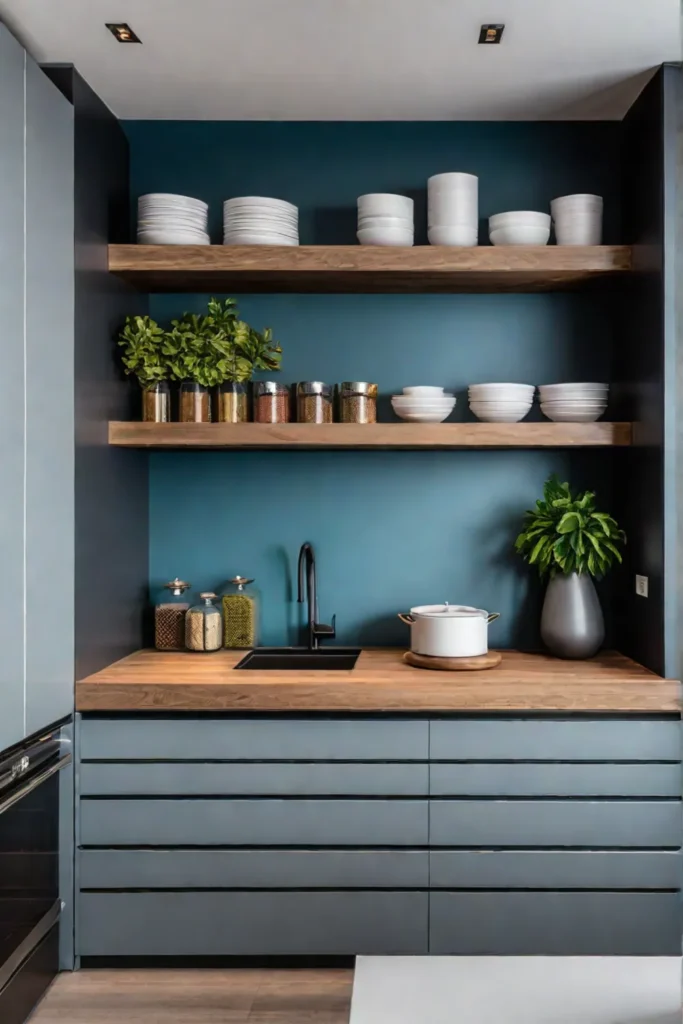 Modern kitchen with mirrored back wall