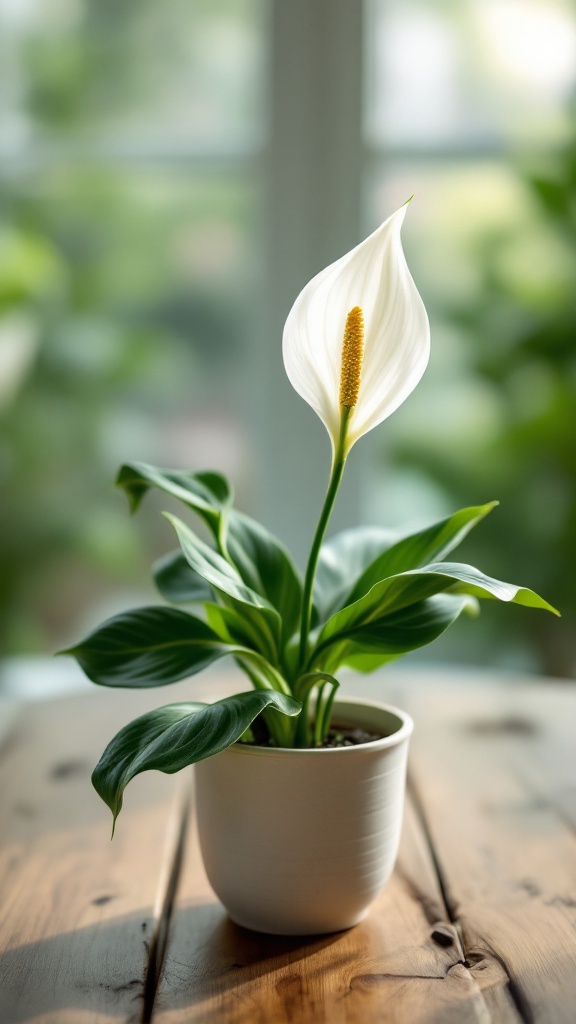 A peace lily plant with white flowers and green leaves in a white pot on a wooden table.