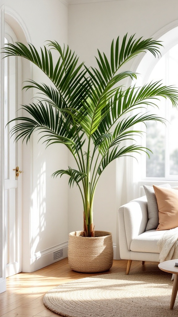 Indoor areca palm in a stylish pot next to a comfortable sofa.