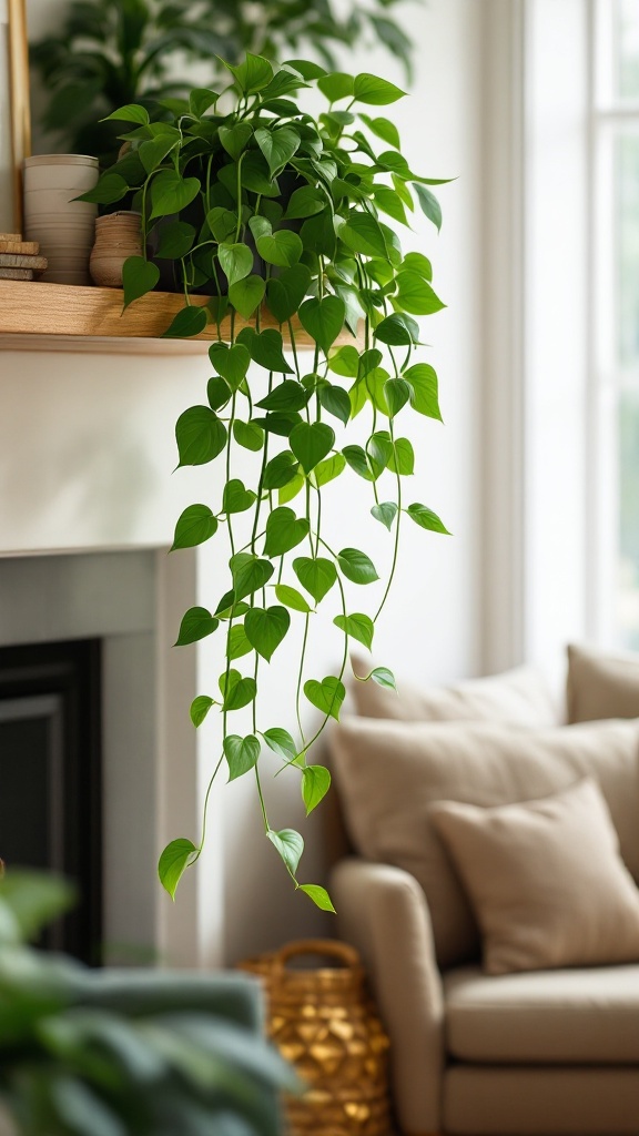 A lush pothos plant with long tendrils cascading over a wooden shelf in a bright and cozy living room.