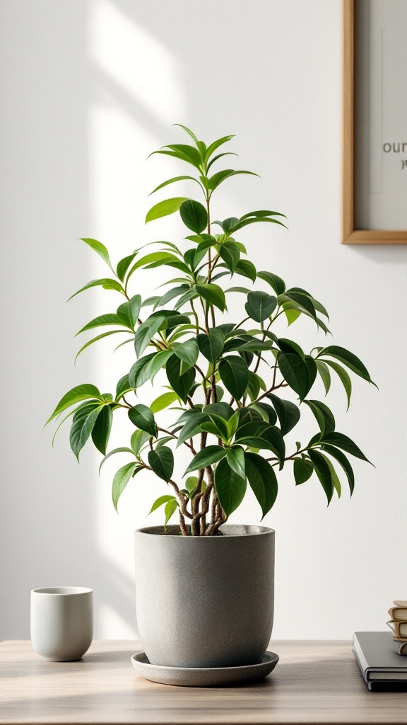 A Chinese evergreen plant in a pot on a wooden table, next to a cup and books.