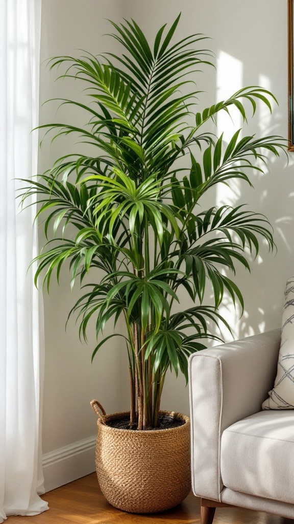 A lush lady palm in a woven pot next to a light sofa.