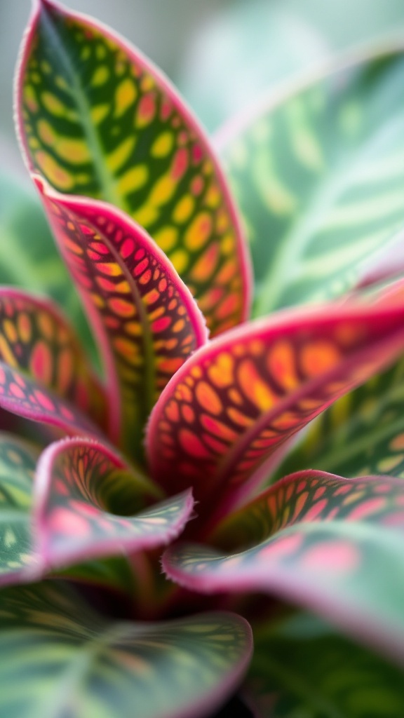 Close-up of a nerve plant with colorfully patterned leaves in green, pink and yellow.