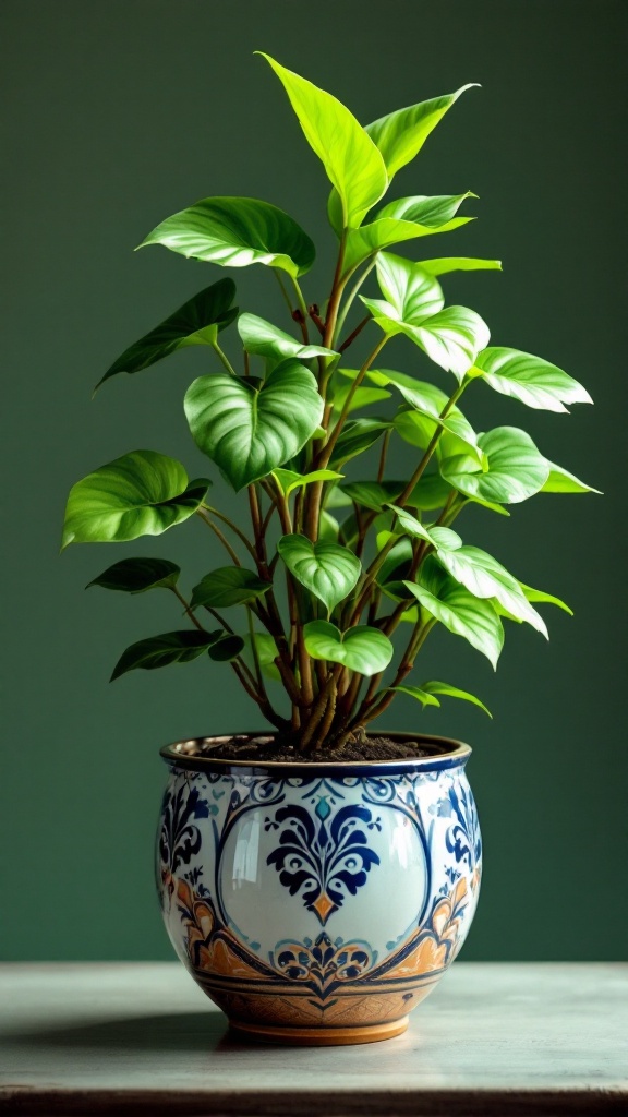 A vibrant money plant in a decorative pot against a green background.