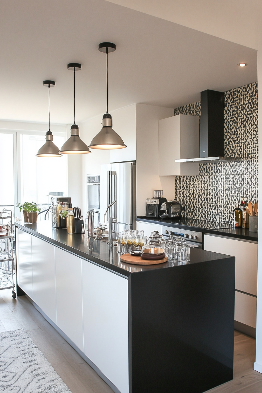 Elegant Art Deco kitchen with geometric tiles and metallic accents