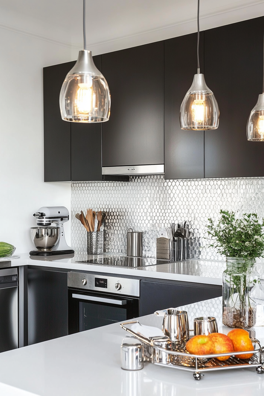 Elegant Art Deco kitchen with geometric tiles and metallic accents