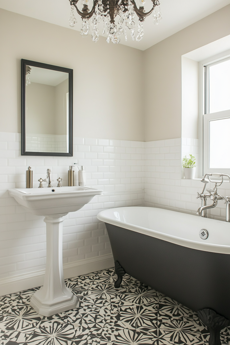 Luxury Art Deco bathroom with geometric tiles and chrome fixtures