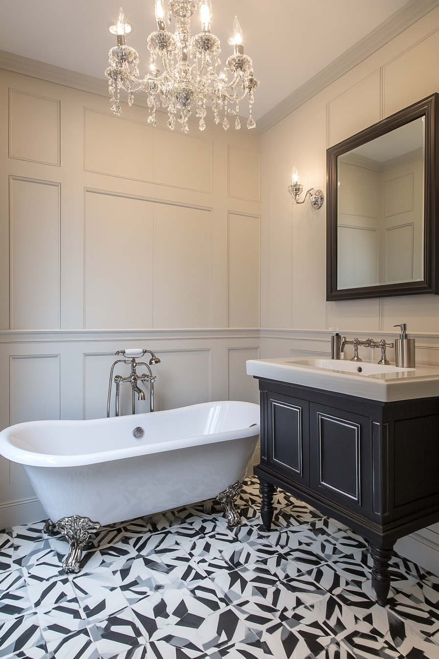 Luxury Art Deco bathroom with geometric tiles and chrome fixtures