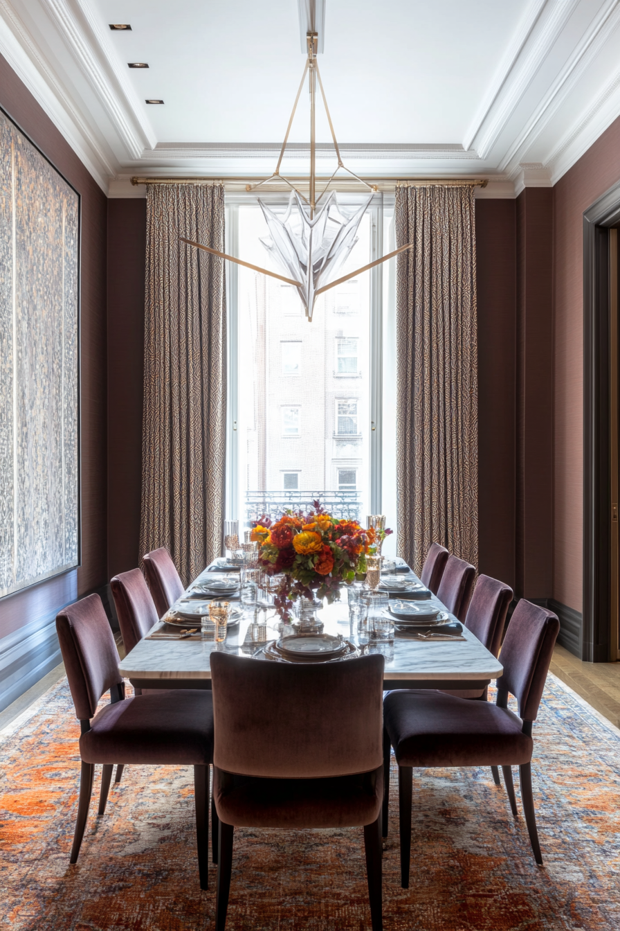 Elegant Art Deco dining room with rich colors and luxurious materials