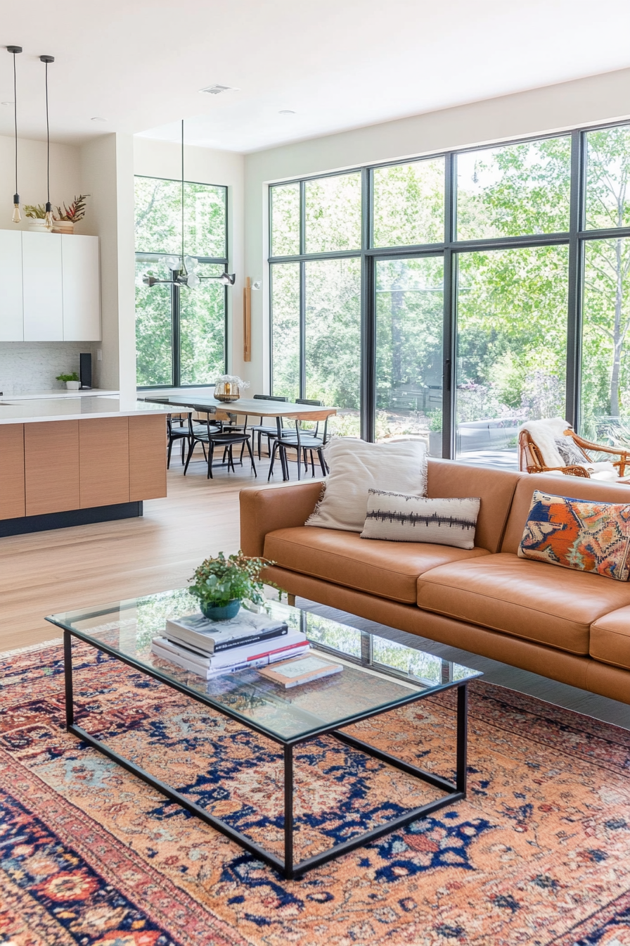 Balanced and inviting living area with eye-catching lighting