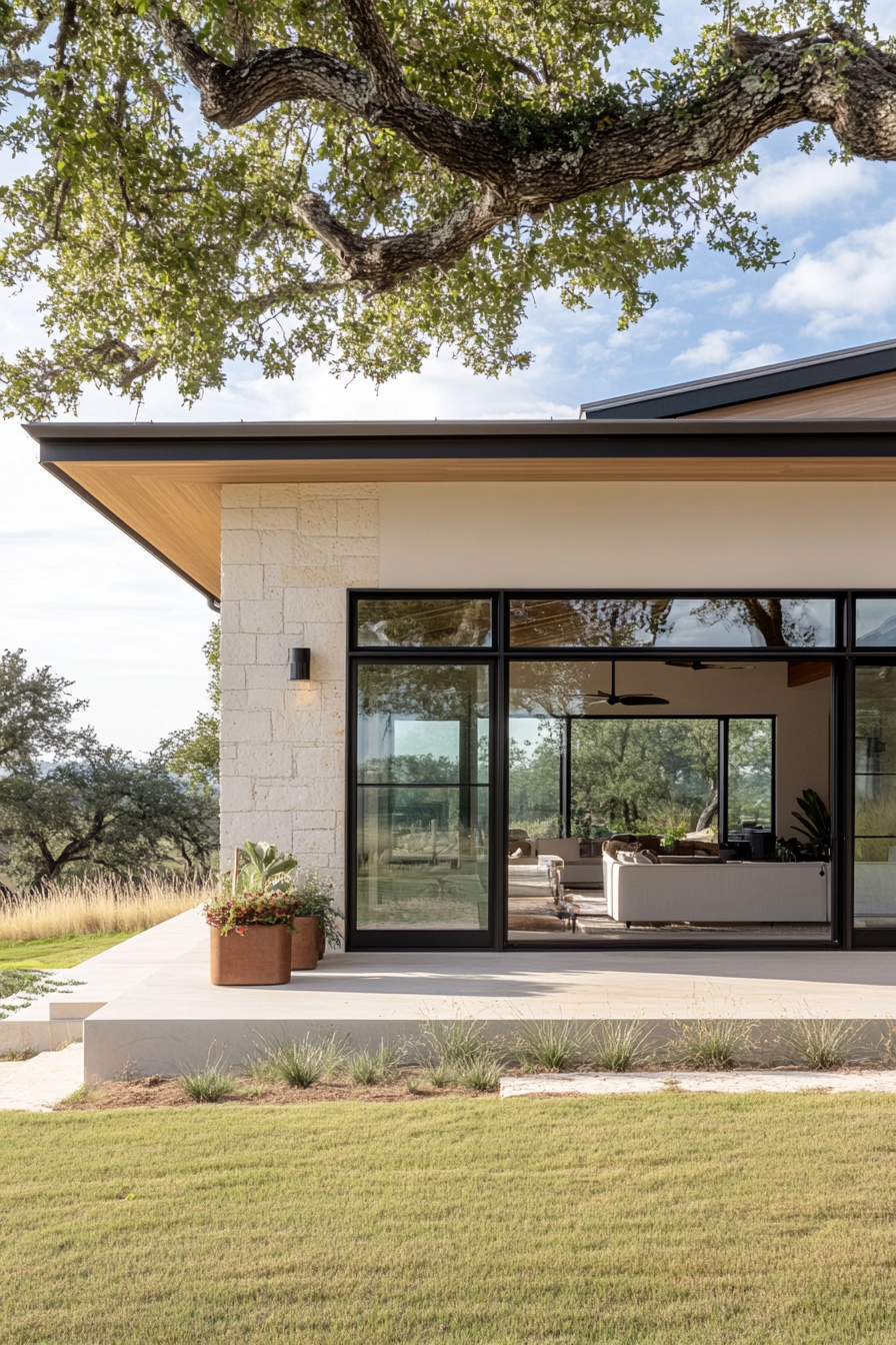 Modern ranch style home with large windows