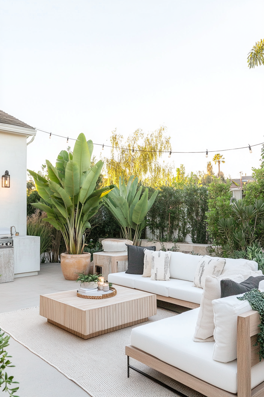 Outdoor kitchen and fire pit with modern lighting