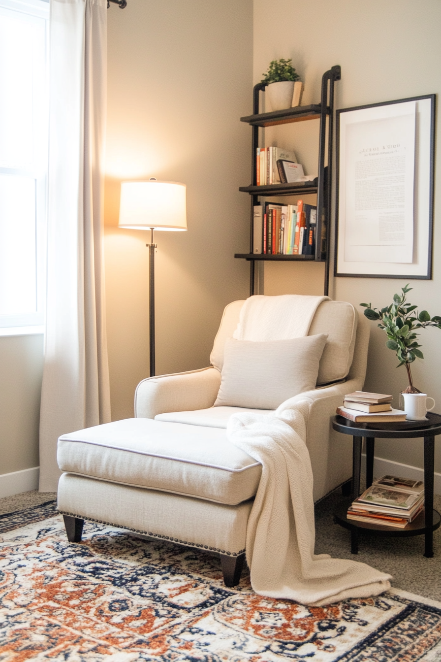 Cozy reading nook with a neutral color palette