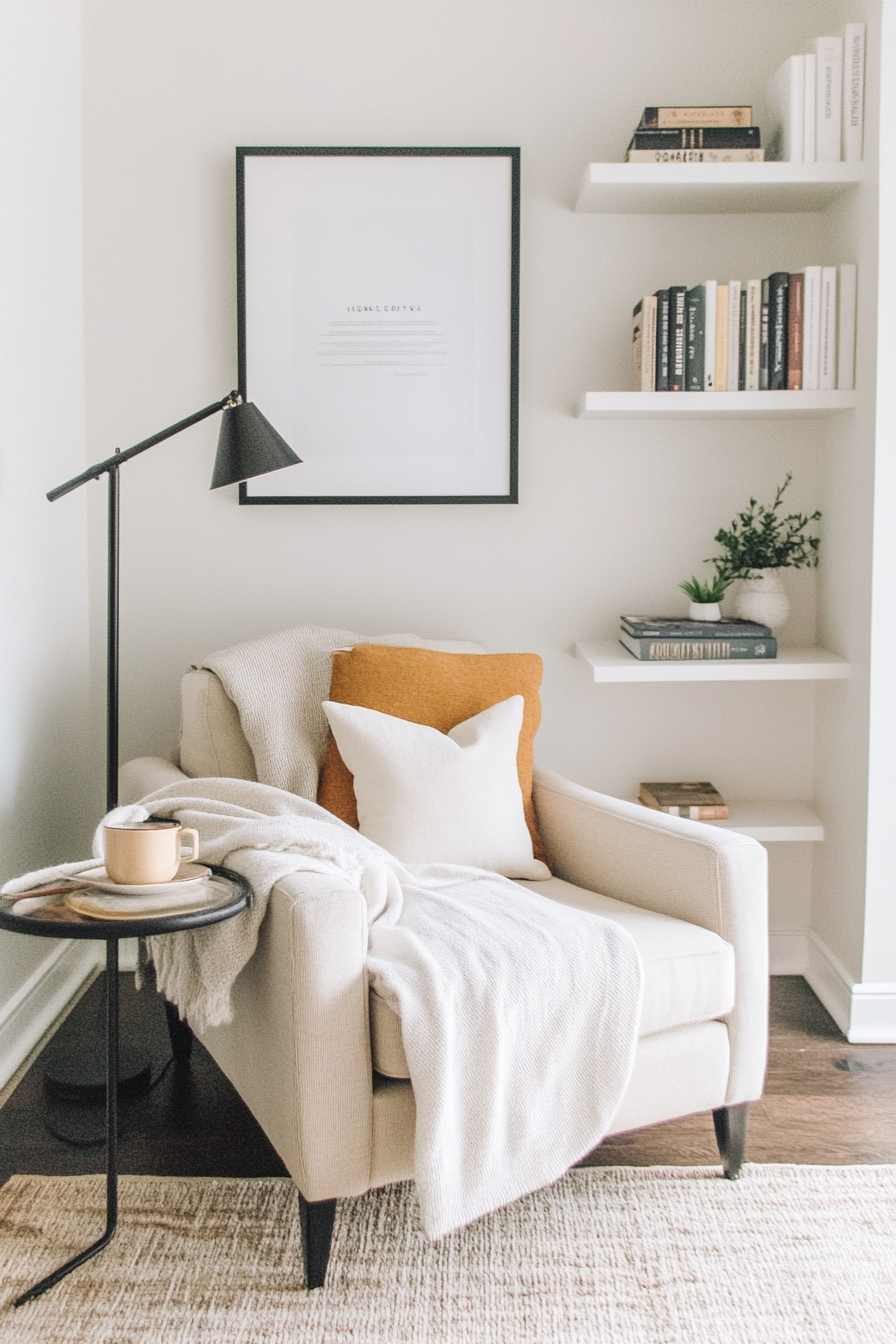 Reading nook with artwork and floating shelves