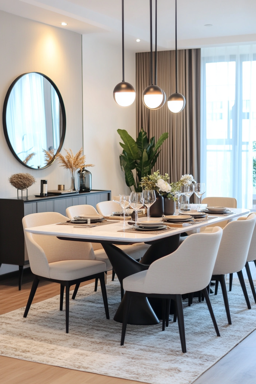 Dining area with eye-catching lighting and minimalist tableware