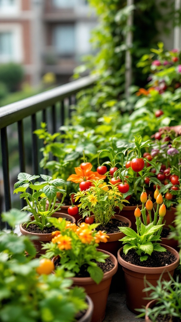 A vibrant container garden with tomatoes, flowers and leafy greens on a balcony.