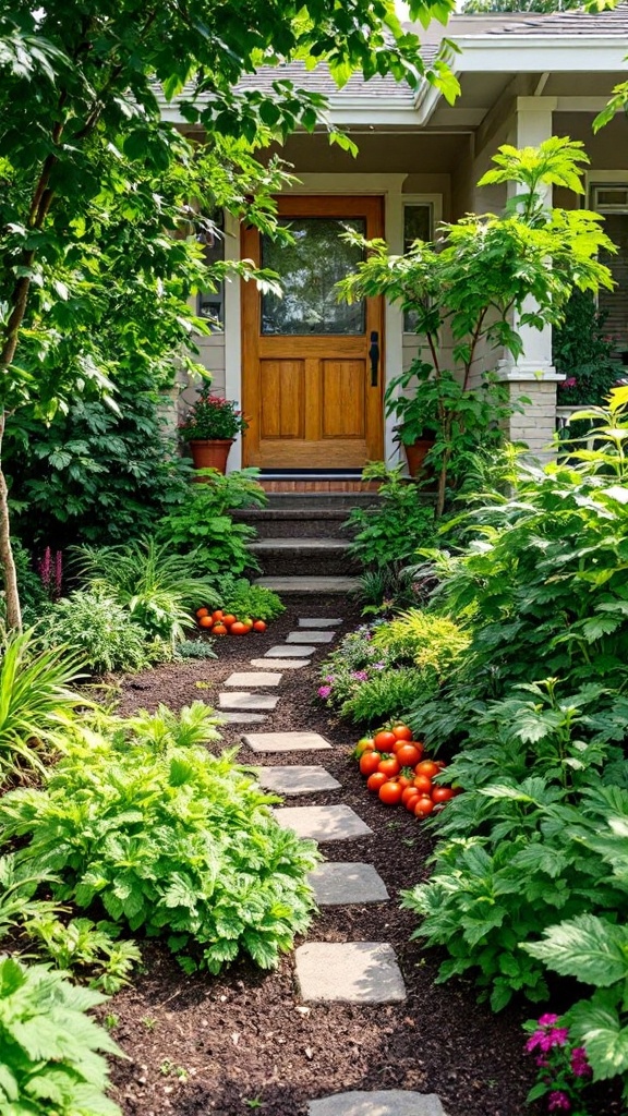 A beautiful front garden path lined with lush green plants and ripe tomatoes leading to a wooden front door.