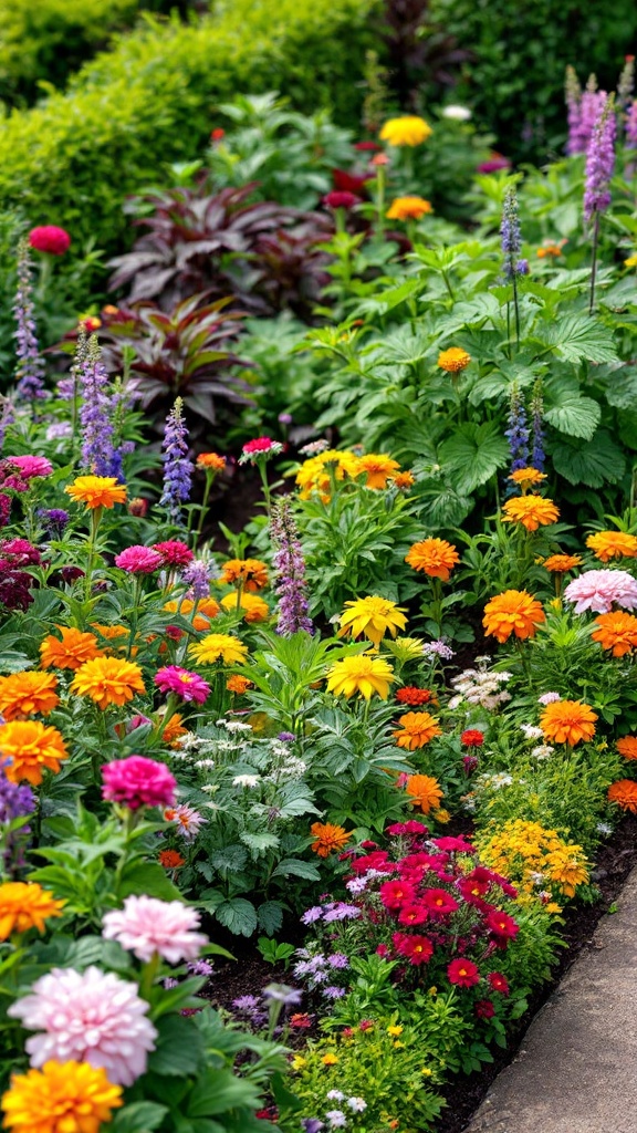 A vibrant garden full of colorful flowers along a path.