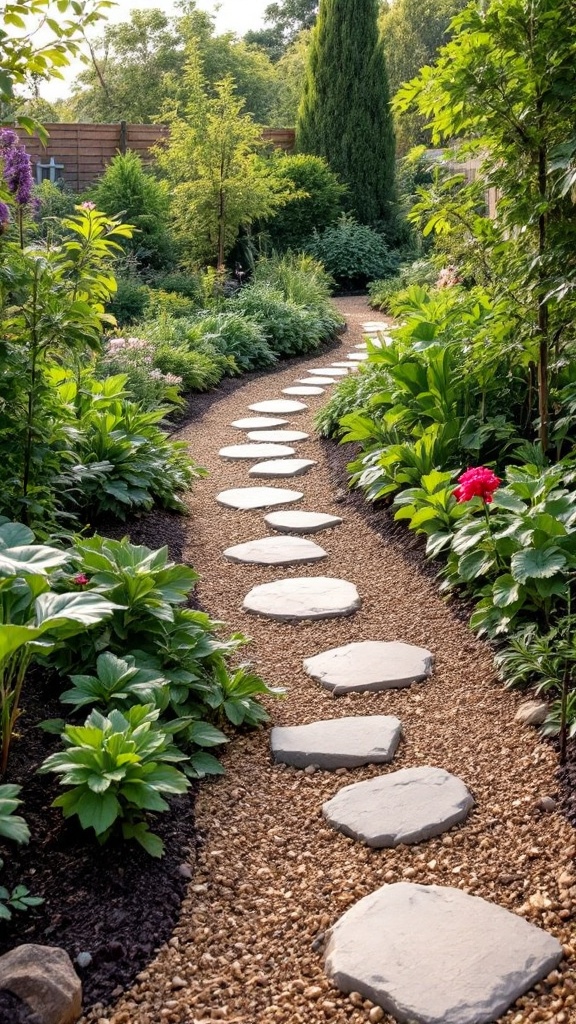 A winding garden path made of stone stepping stones surrounded by lush greenery and flowers.