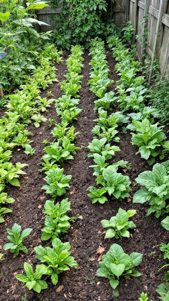 Rows of green plants grow in a garden bed.