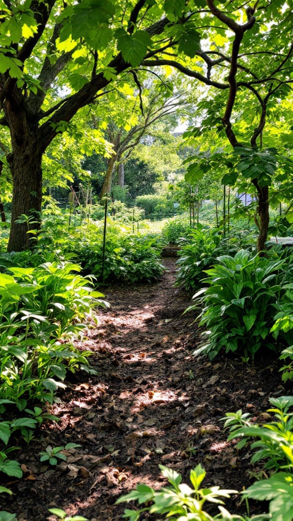 A shady garden path lined with green plants under trees.