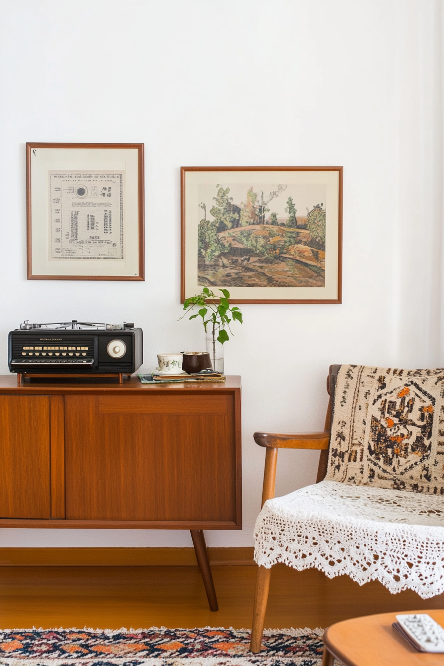 Living room with vintage foundations such as radios and typewriters