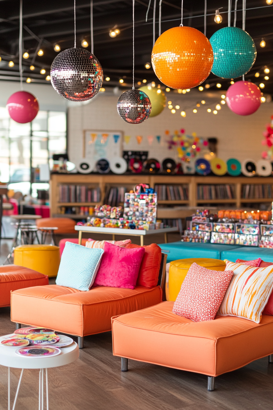 Retro-party setup with disco balls and records