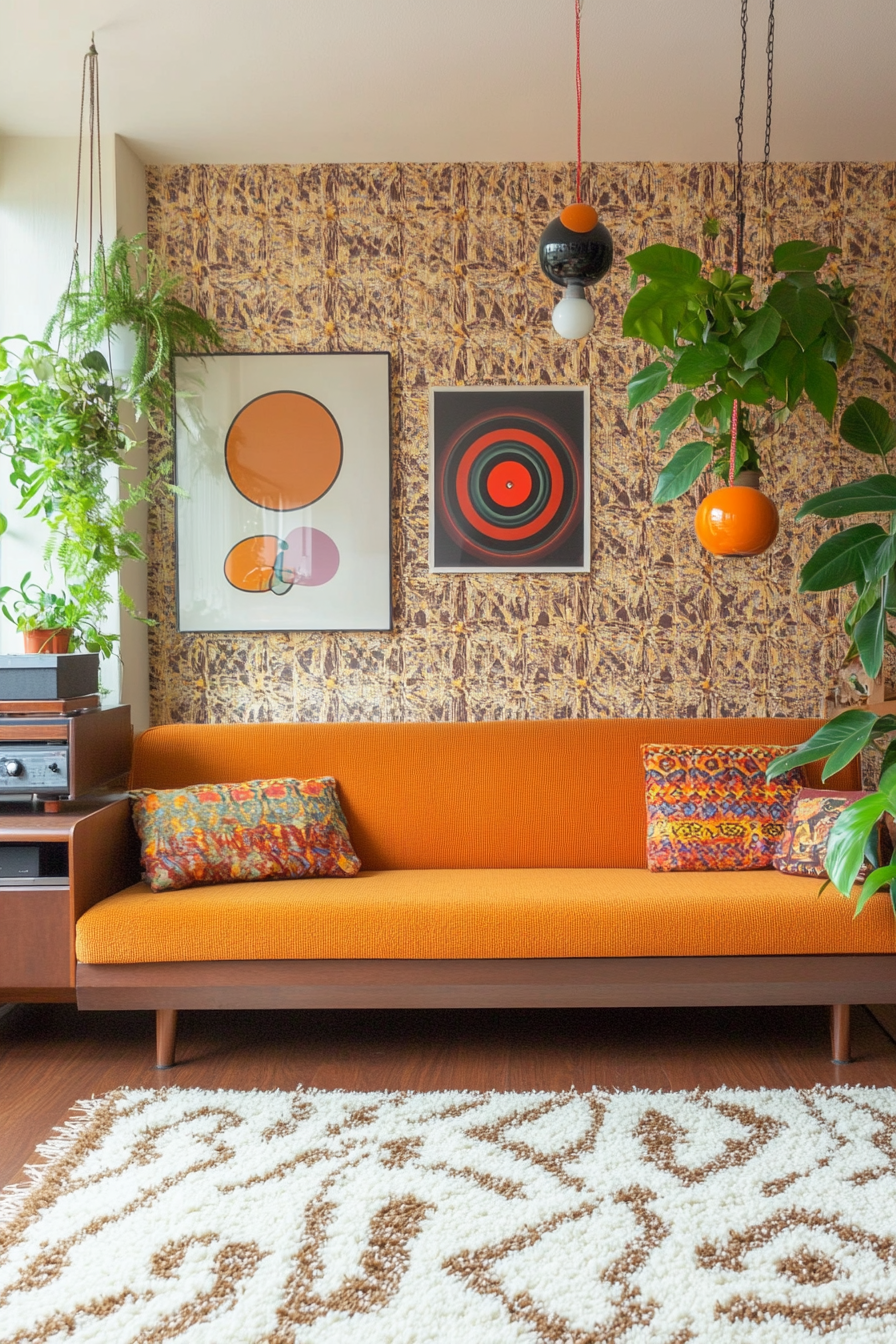 1970s decor with strong patterns and earthy colors