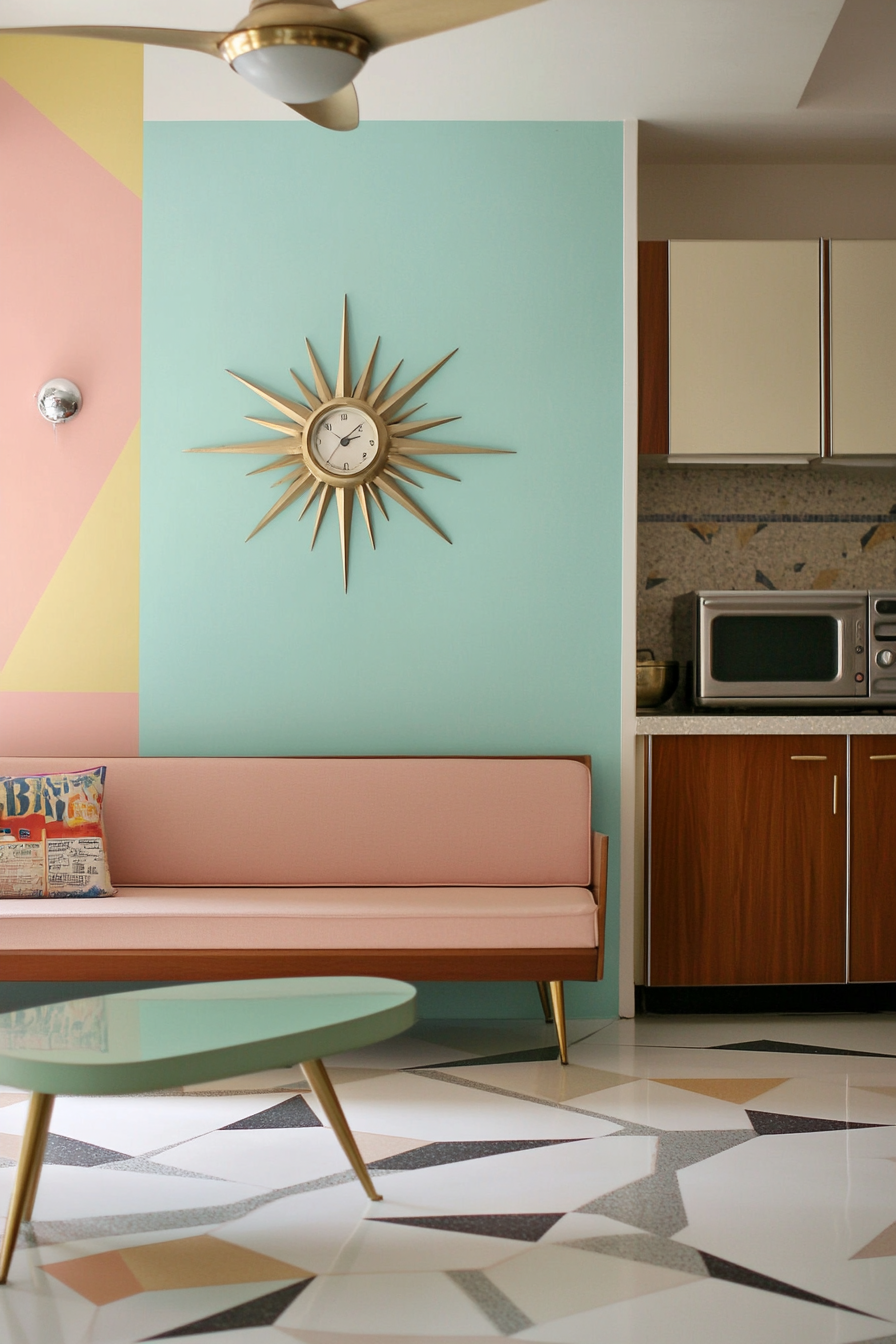 50s style kitchen with pastel-colored cupboards and chrome devices