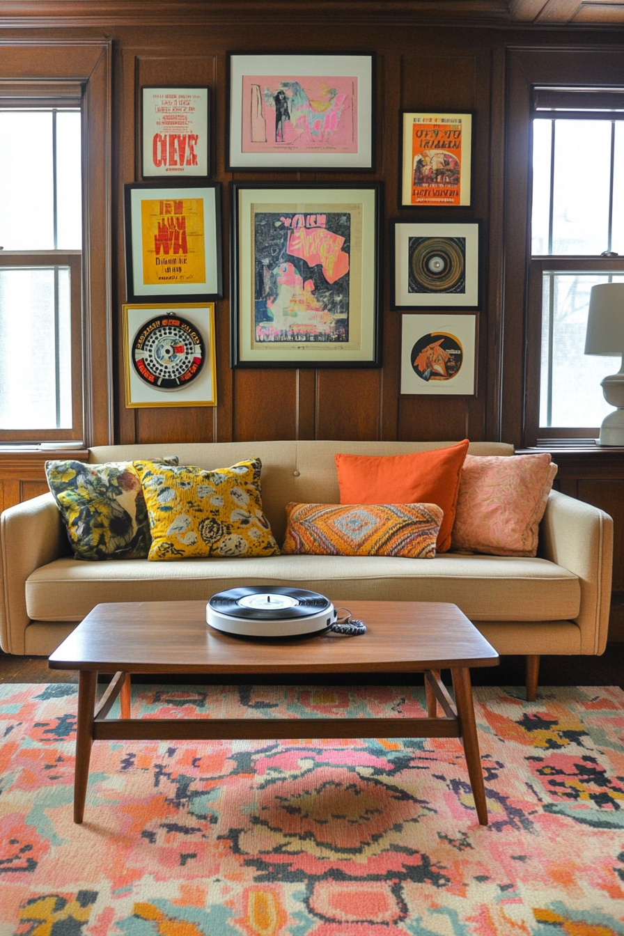 Vintage sofa and mid-century couch table in the retro living room