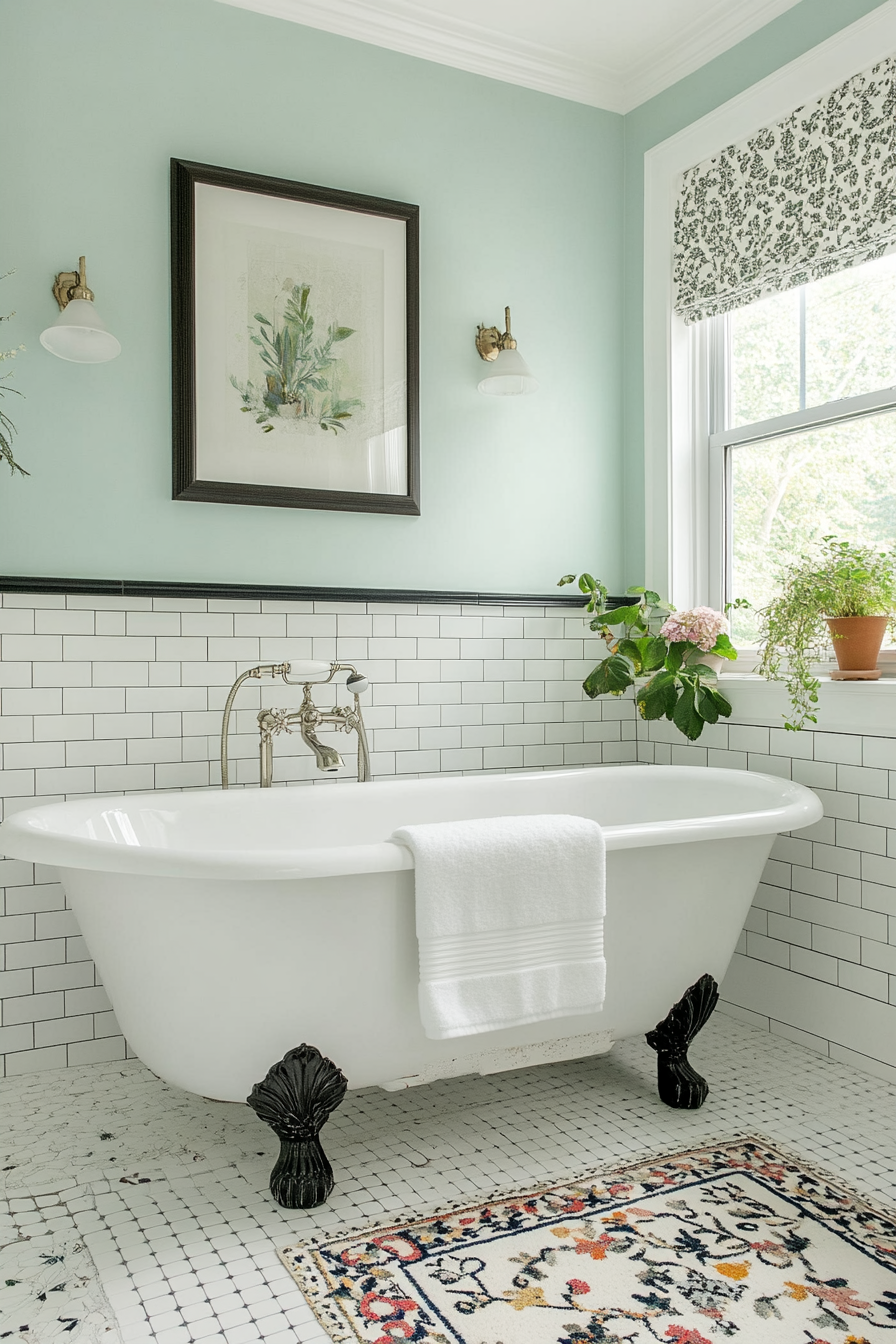 Retro bathroom with pastel colors and vintage fittings